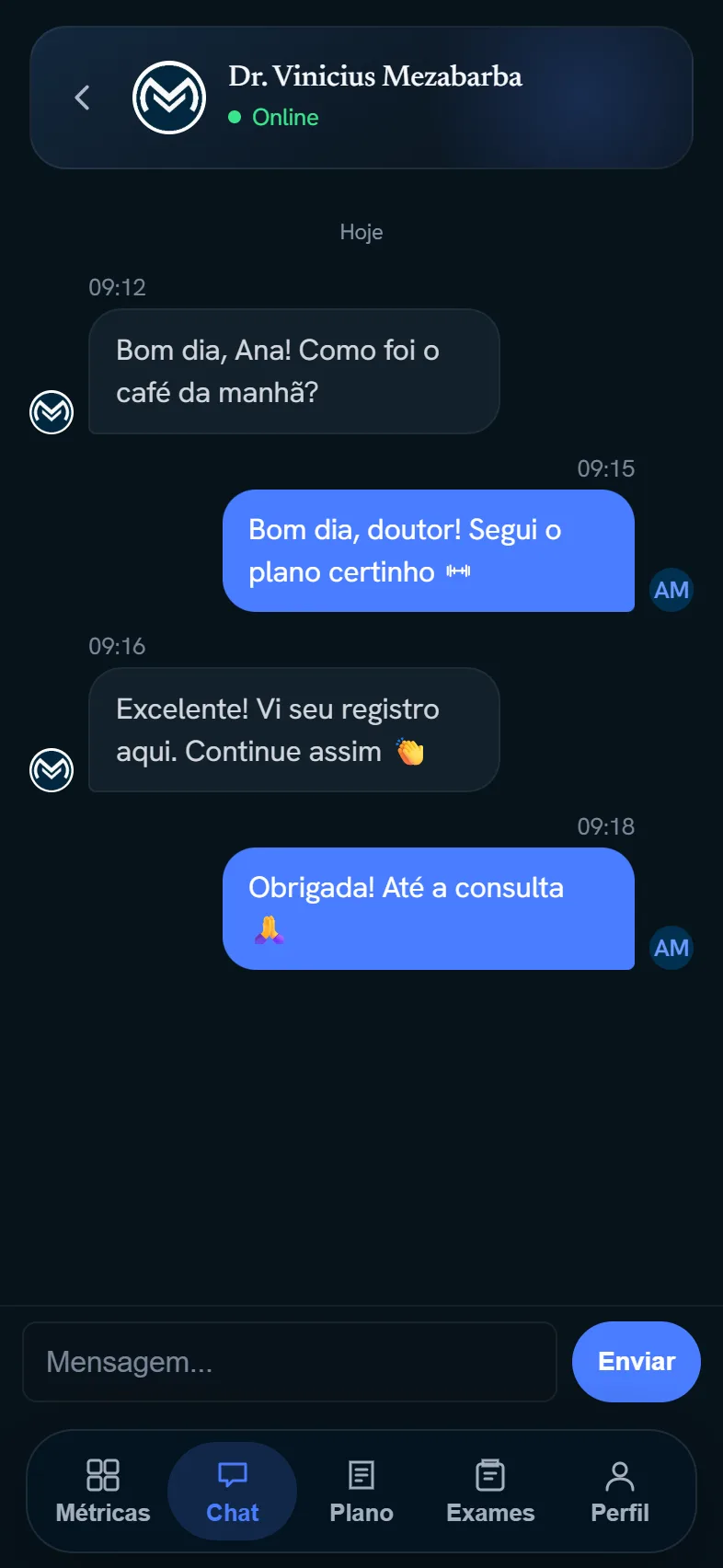 Tela real do app: chat direto com o médico