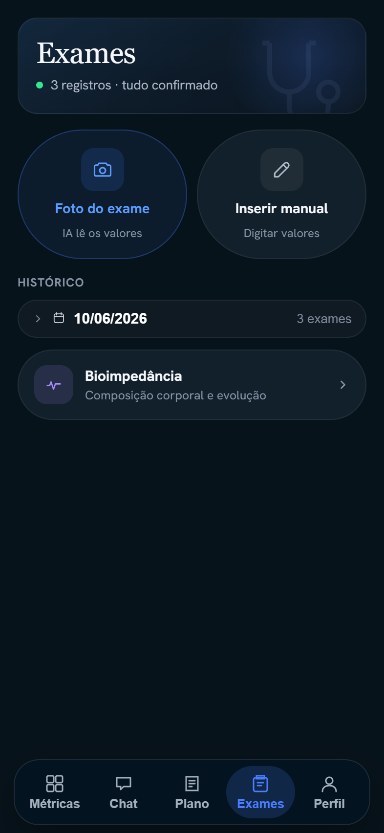Tela real do app: exames com leitura por IA
