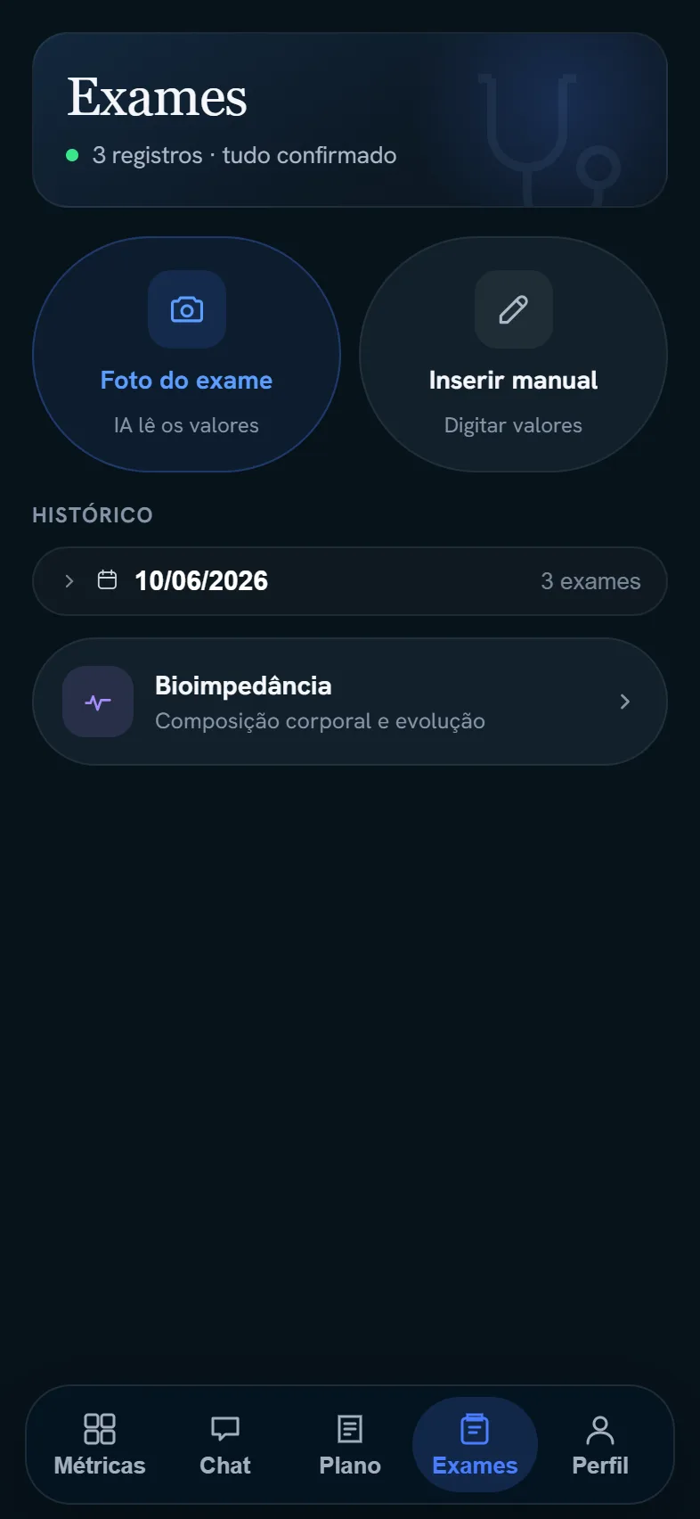 Tela real do app: exames com leitura por IA