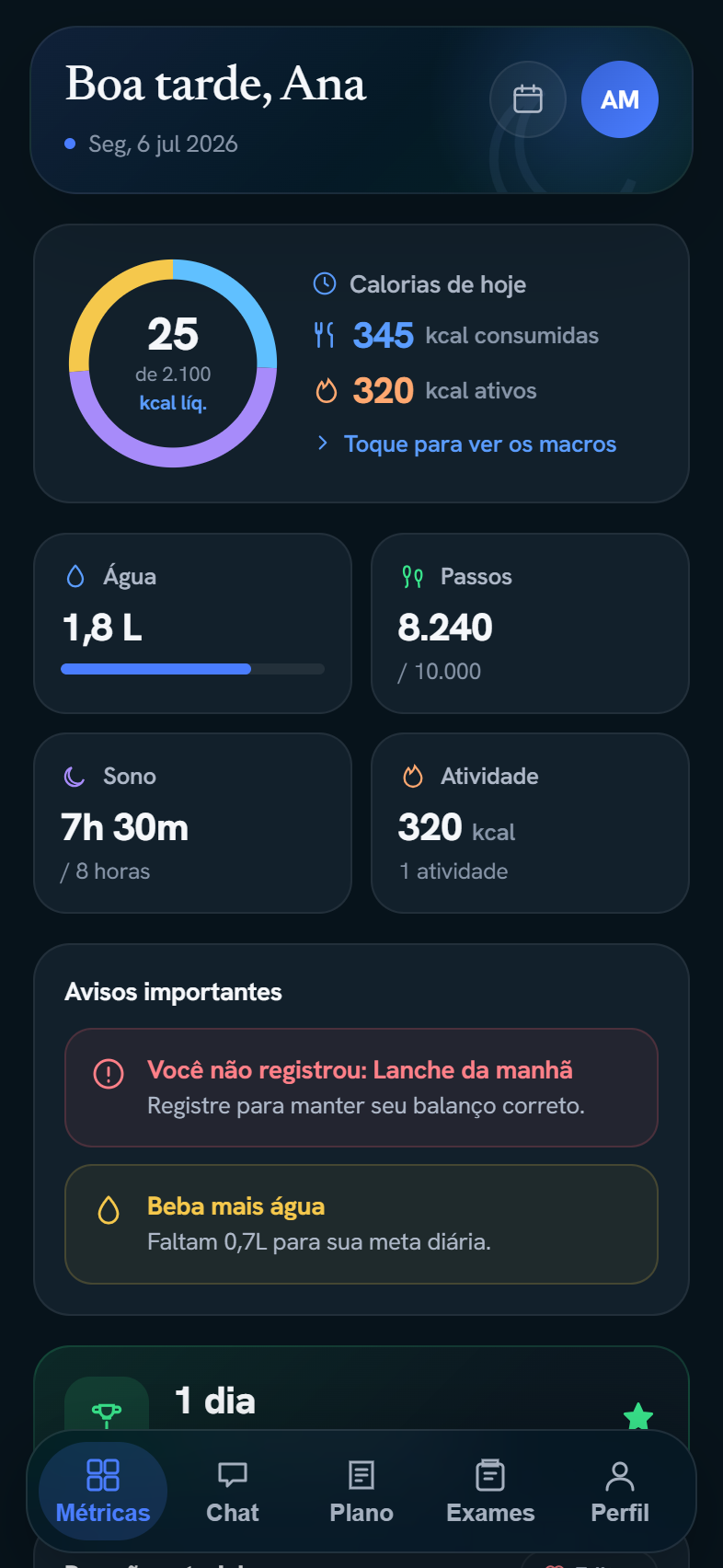 Tela real do app: resumo do dia do paciente