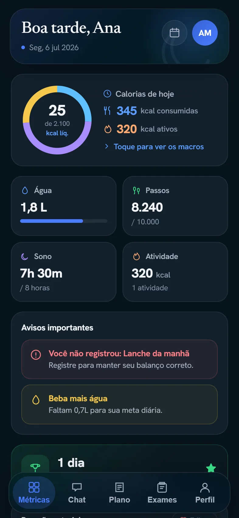 Tela real do app: resumo do dia do paciente