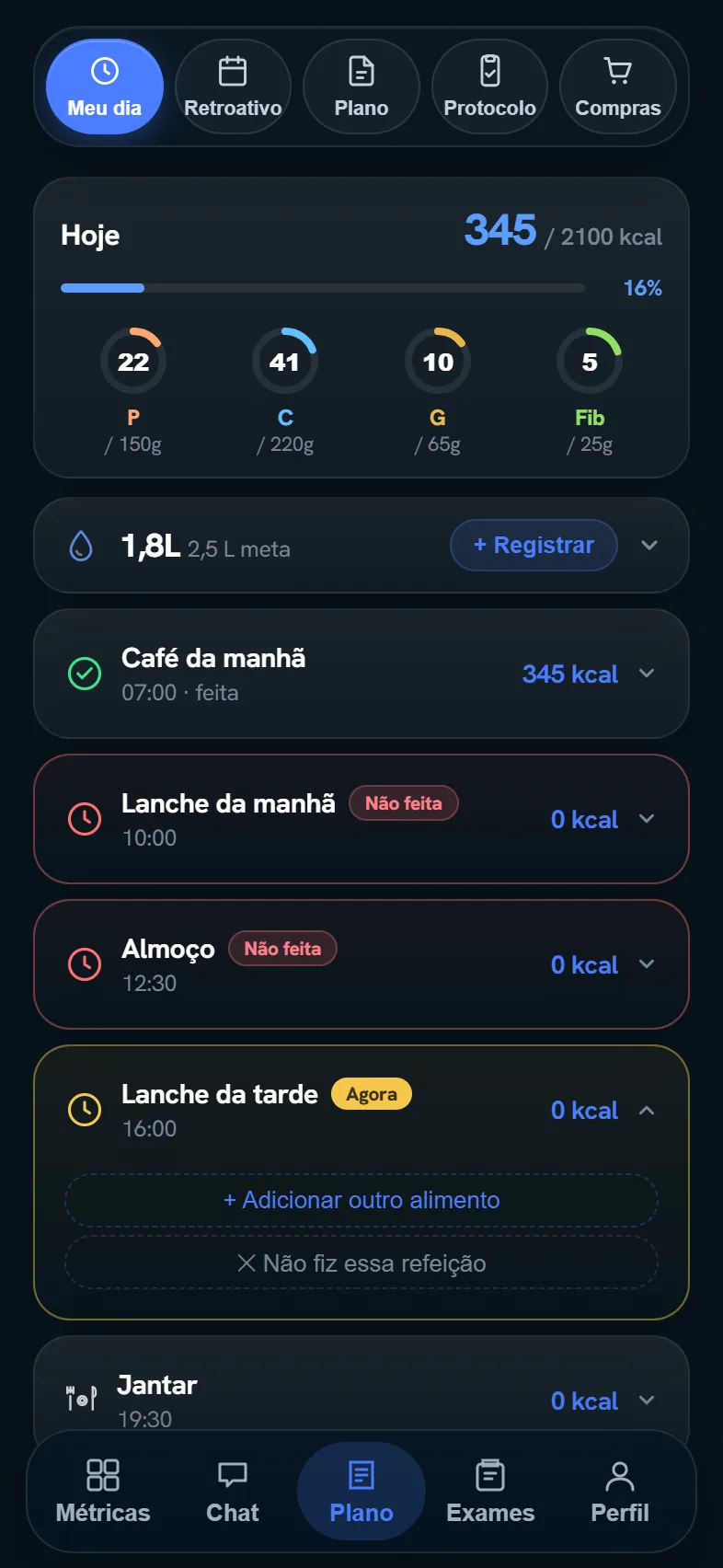 Tela real do app: plano do dia com refeições e status